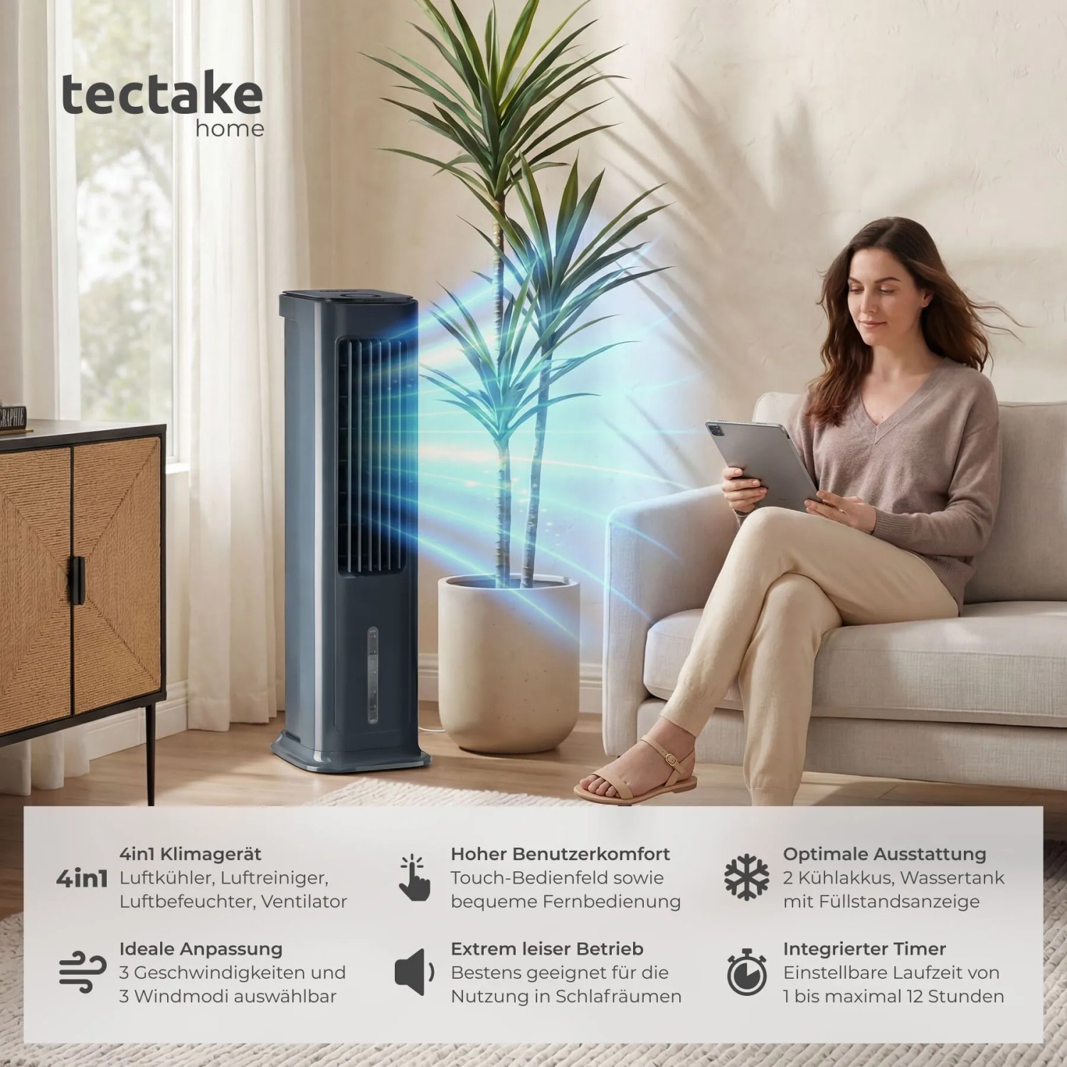 Tectake Luftkühler Alaska, anthrazitfarben, mit Frau auf Sofa. Mobiles Klimagerät für kühlere Raumluft.
