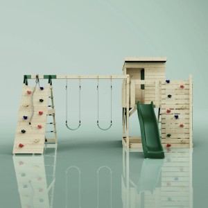 PolarPlay Spielturm Frida mit Schaukel, Rutsche und Kletterwand aus Holz, dunkelgrün.