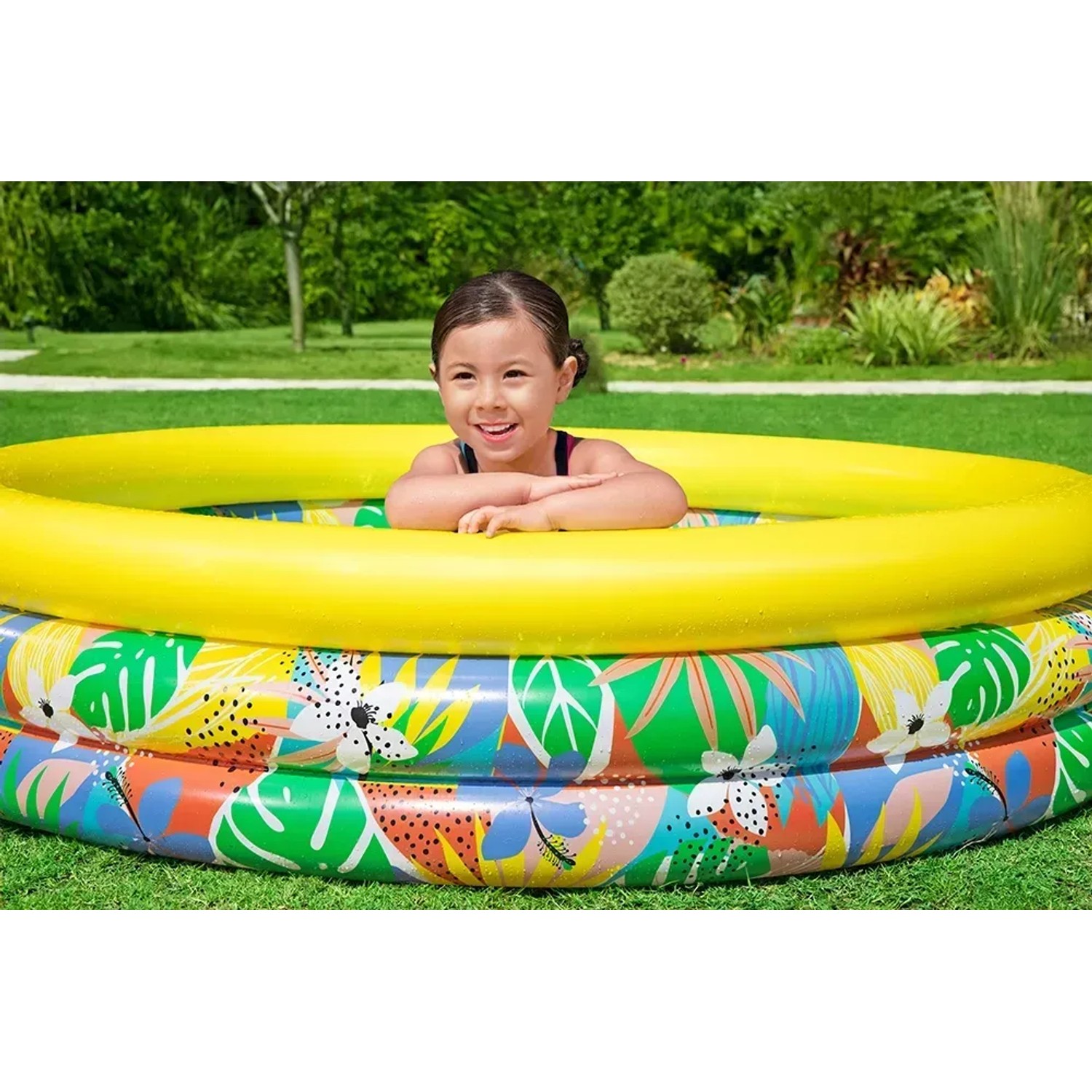 Bestway Planschbecken Floral Paradise mit Kind, Ø 168 cm, ab 2 Jahren.