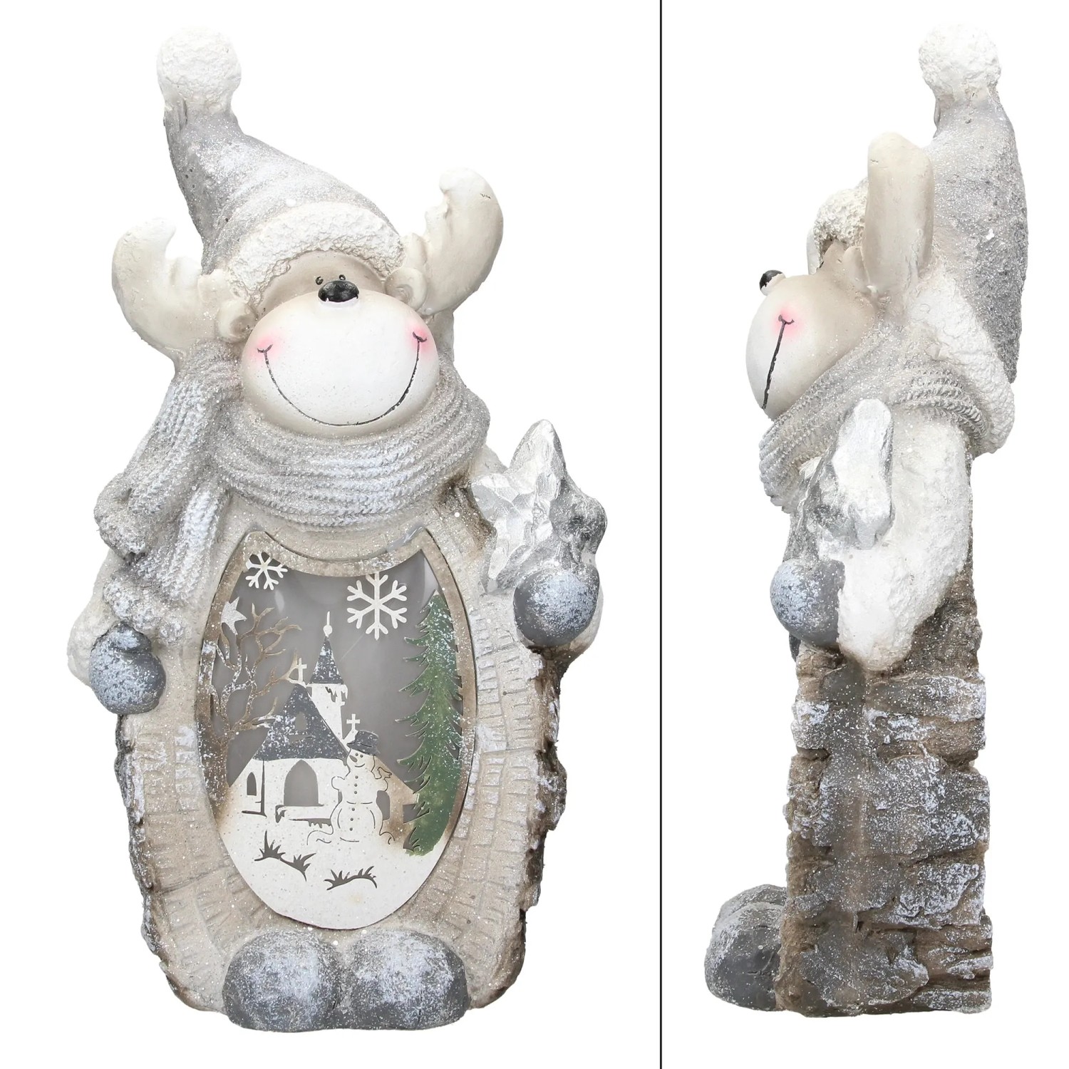 LED Rentier Figur 51cm, warmweiß, mit grauem Hut, Weihnachtsdekoration für Innen.
