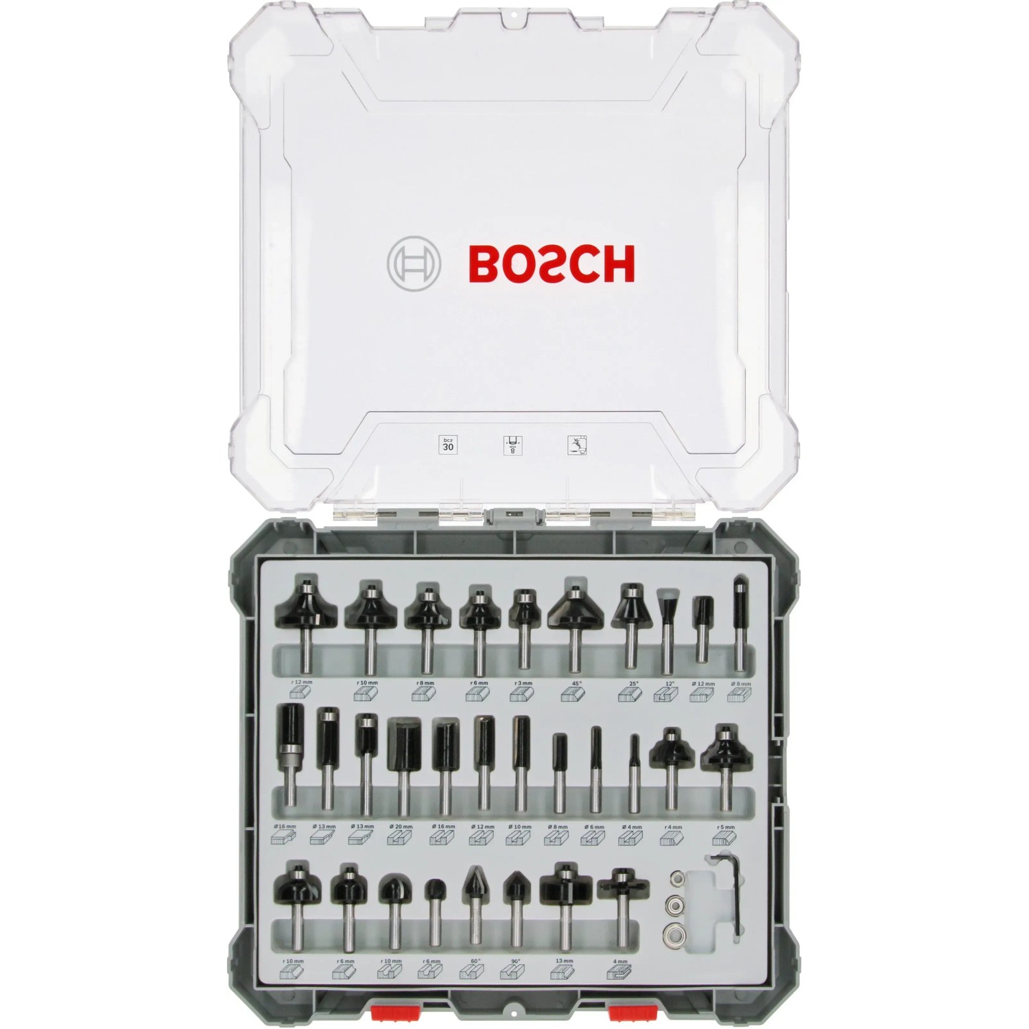 Bosch Fräser-Set, 30-teilig, 8 mm, in geöffneter Box mit Klarsichtdeckel.
