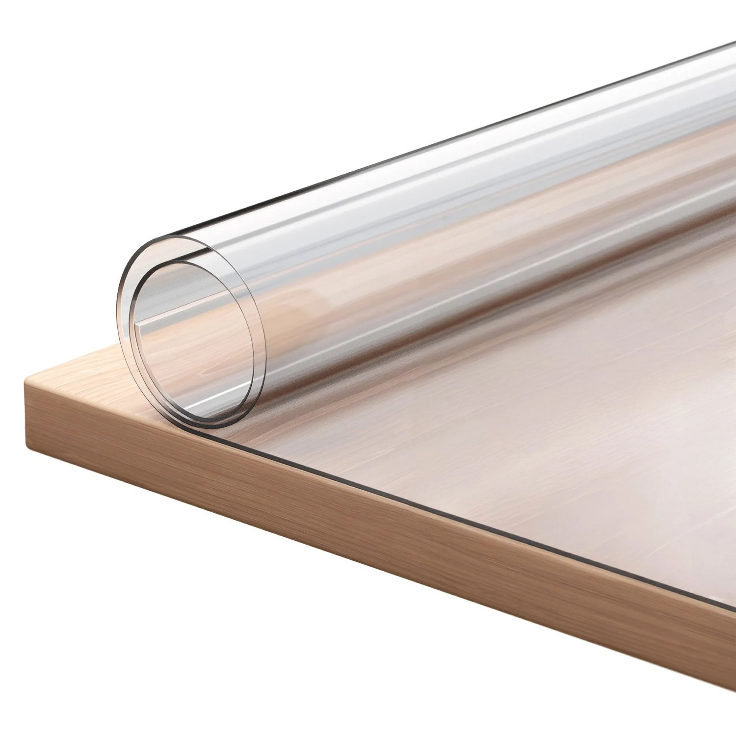 Transparente Björn&Schiller Tischschutzfolie (90x160 cm) aus PVC, 2 mm stark, auf einem Holztisch.