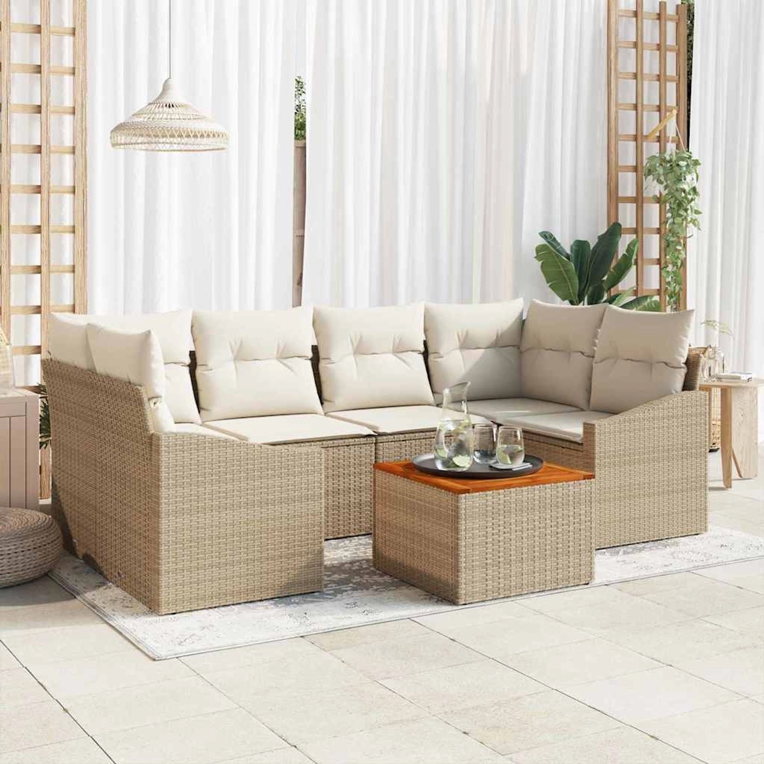 Beige-weißes 7-teiliges vidaXL Garten-Sofa-Set aus Rattan mit Tisch.