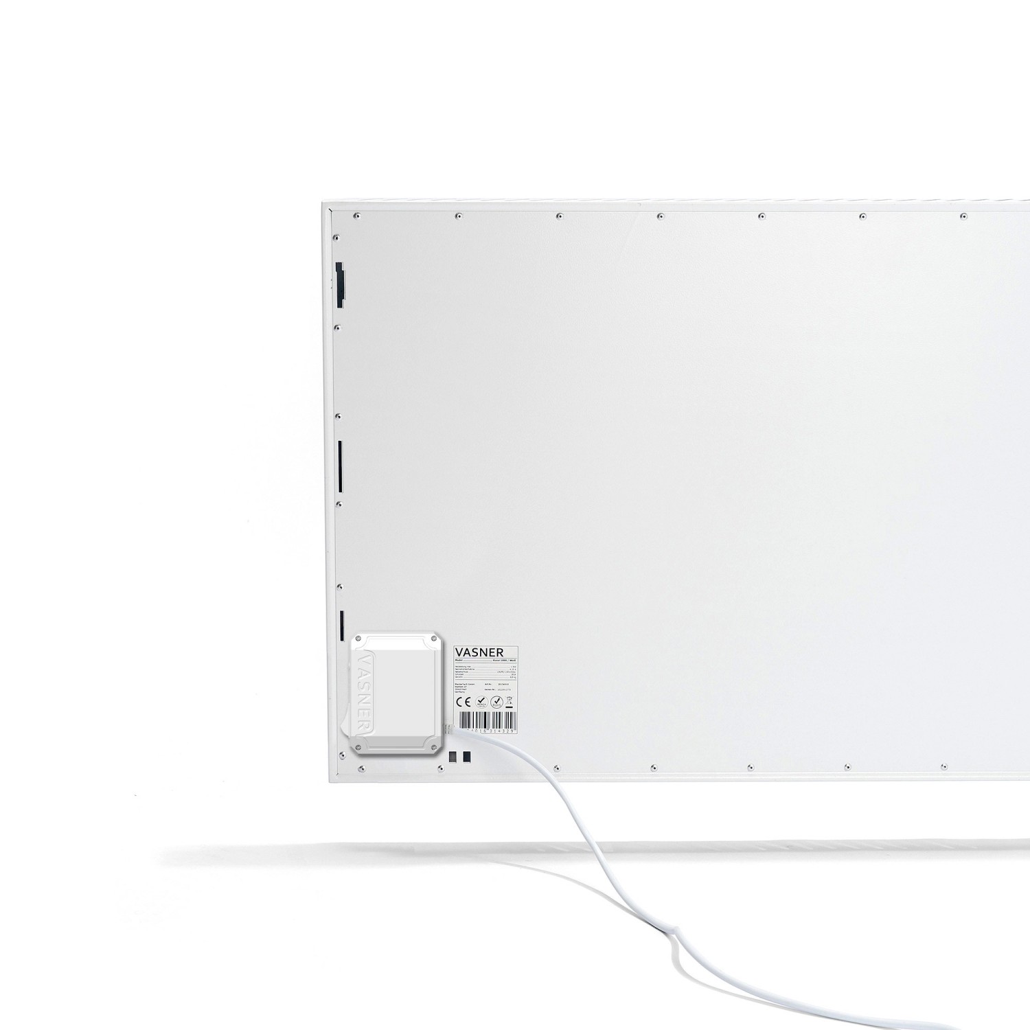Rückansicht der weißen Vasner Hybrid-Infrarotheizung Konvi VE RX 1.200 W mit Netzkabel.
