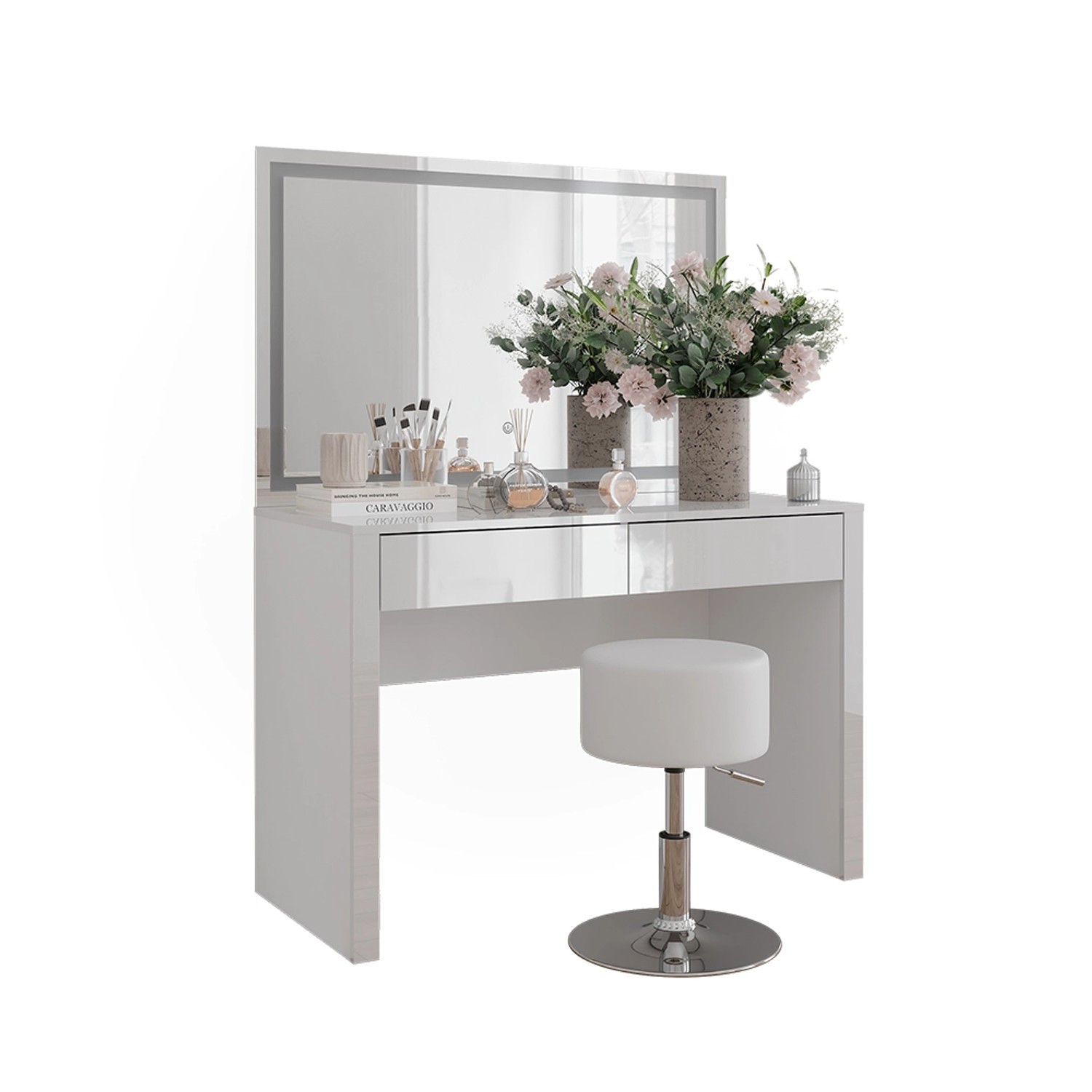 Weißer Vicco Schminktisch Annabelle mit LED-Spiegel und Hocker.