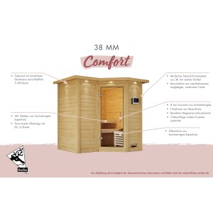 Karibu Sauna Steena 2: Massivholzsauna mit Ofen, externer Steuerung und LED-Dachkranz aus naturbelassener Fichte.