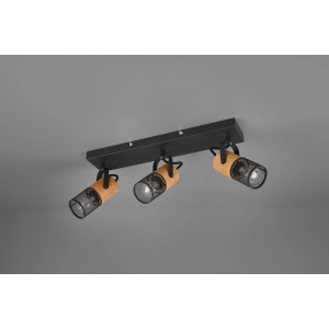 Schwarzer 3er Spot Tosh mit Holzdetails. Deckenspot für E14 Leuchtmittel, individuell ausrichtbar.