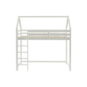Weißes Hausbett Tarzia als Hochbett aus Kiefernholz, 90x190 cm, mit Leiter und Lattenrost.