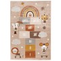 Beiger Kinderteppich 80x150 cm mit Spielwelt-Motiv (Regenbogen, Tiere, Wolken).