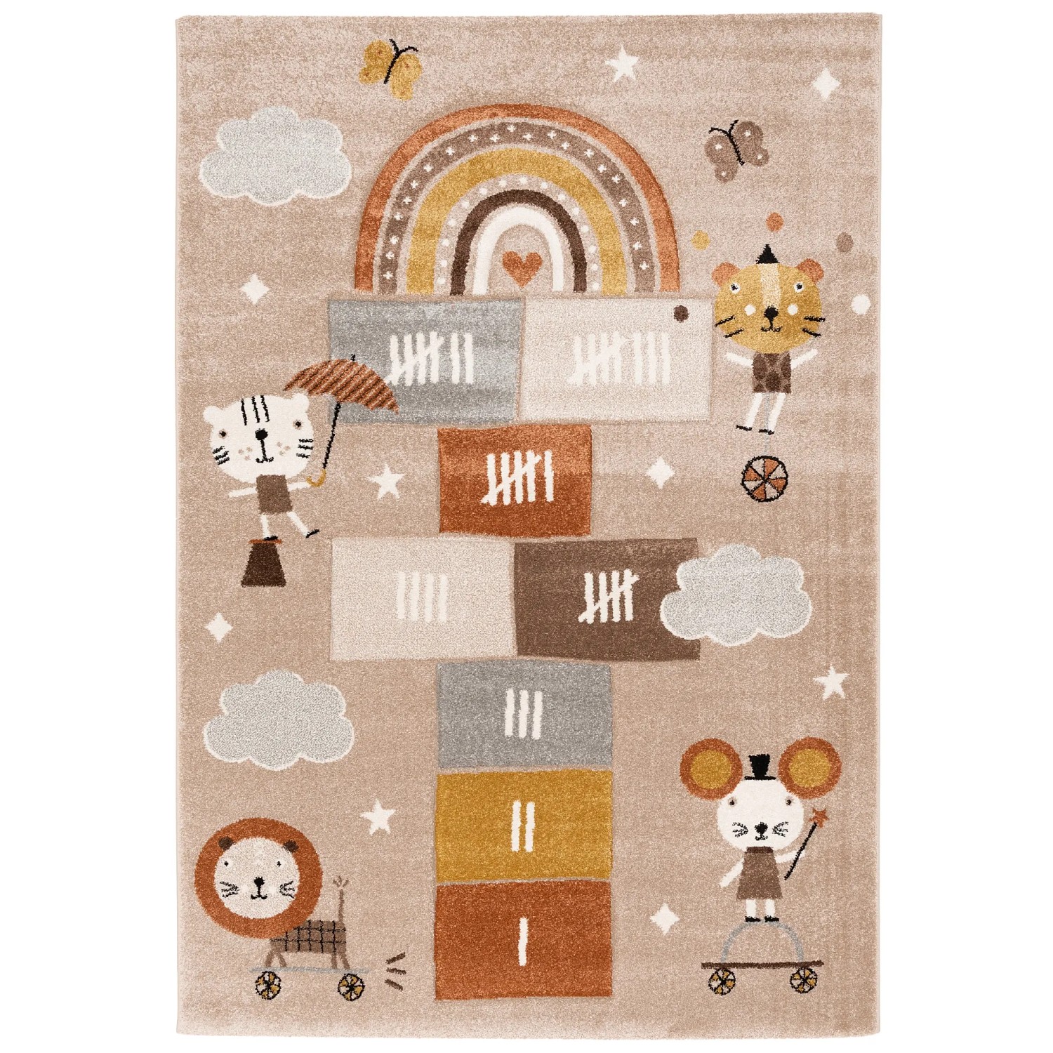 Beiger Kinderteppich 80x150 cm mit Spielwelt-Motiv (Regenbogen, Tiere, Wolken).