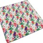 Picknickdecke 200x200 cm mit bunten Blumen- und Vogelmuster, inklusive Transportbeutel.