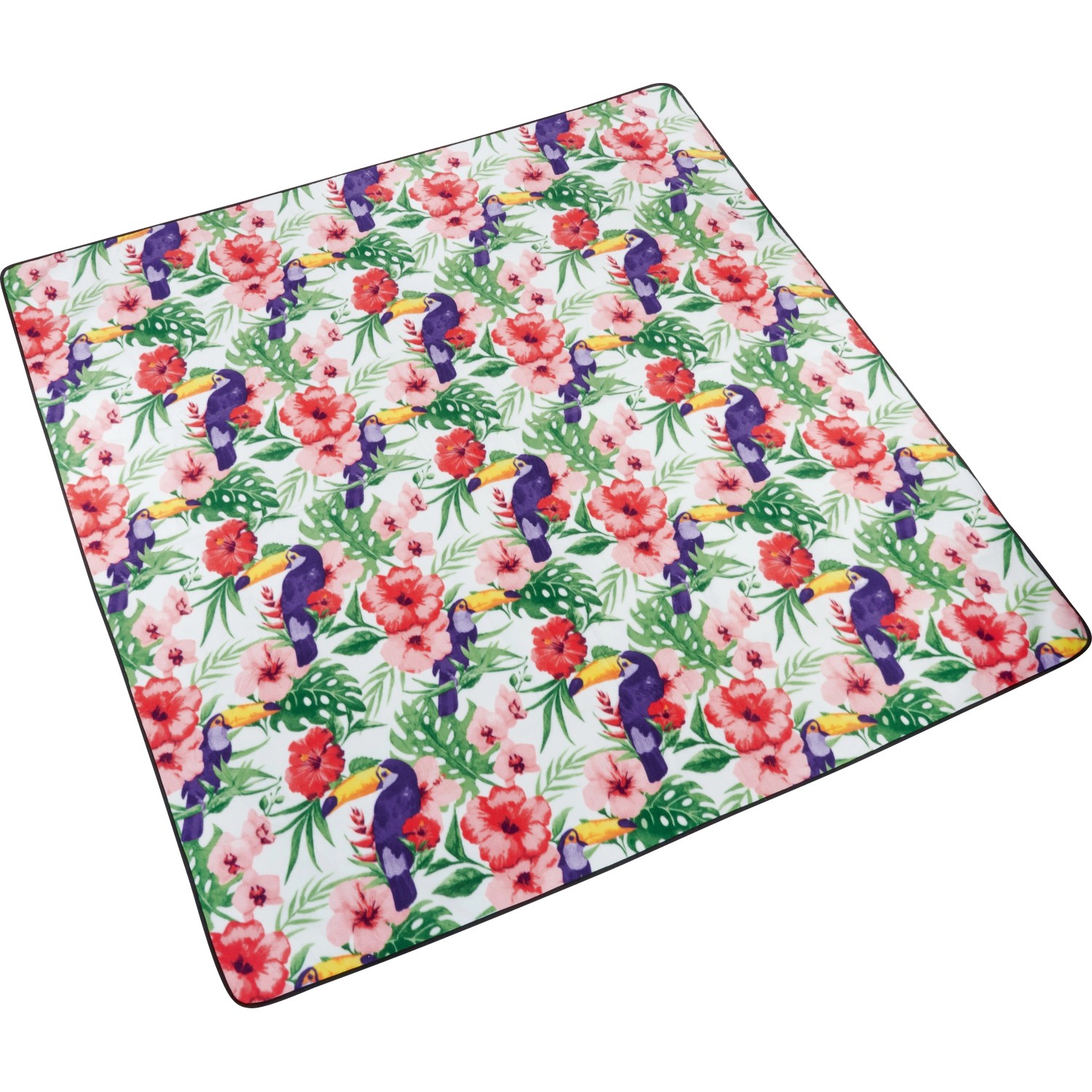 Picknickdecke 200x200 cm mit bunten Blumen- und Vogelmuster, inklusive Transportbeutel.