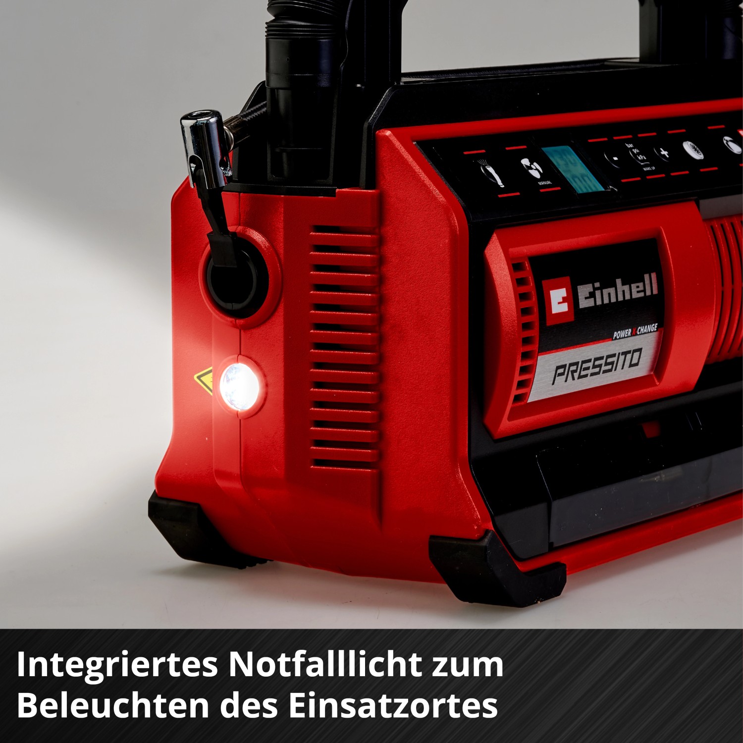 Einhell Power X-Change Hybrid-Kompressor Pressito 18/25 mit Notlicht.