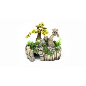 Aquarium Dekofigur Garten China mit Baum und Steinlaterne als detailreiche Unterwasserwelt-Deko.