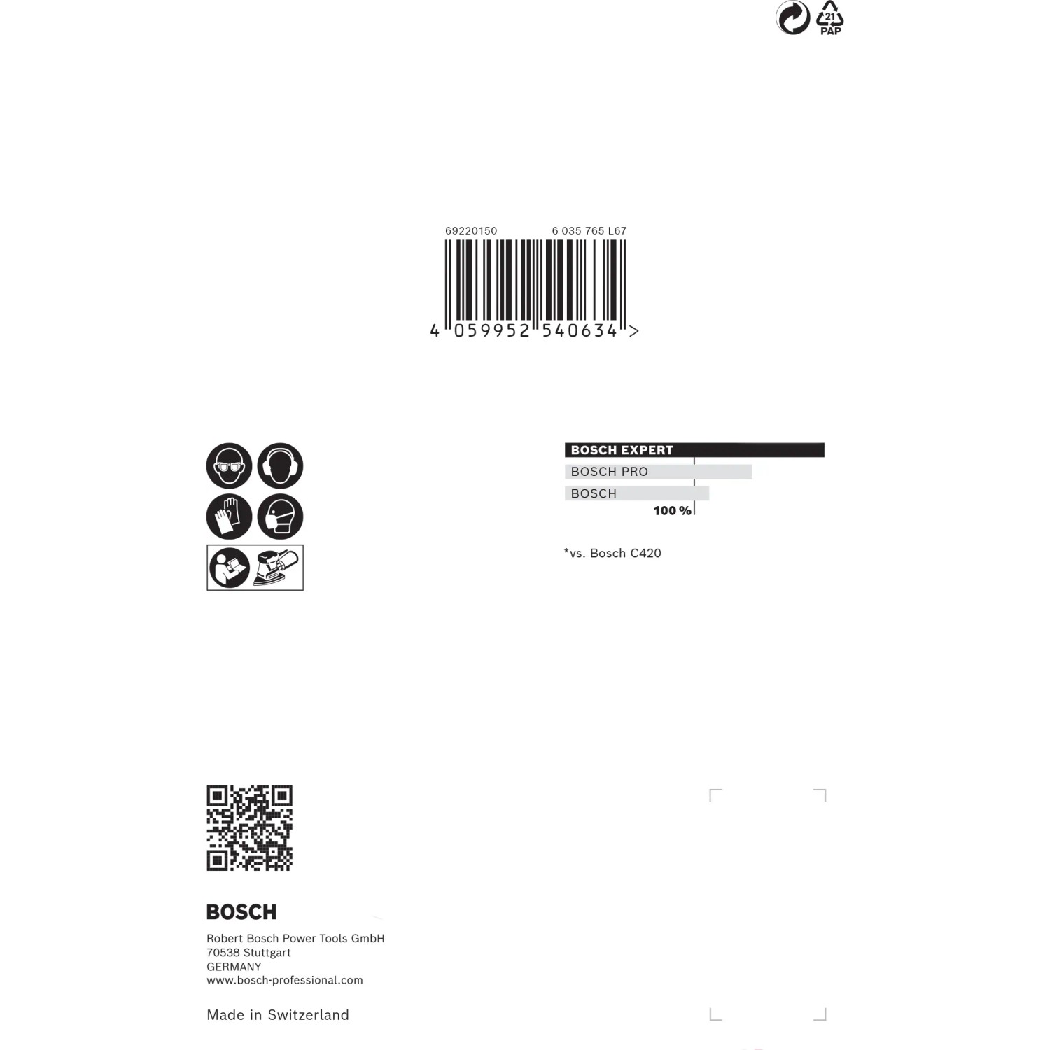 Verpackung Bosch Expert Netzschleifblatt M480, 100x150mm, K80, 5 Stk., Staubreduktion und Particle Control Technologie.