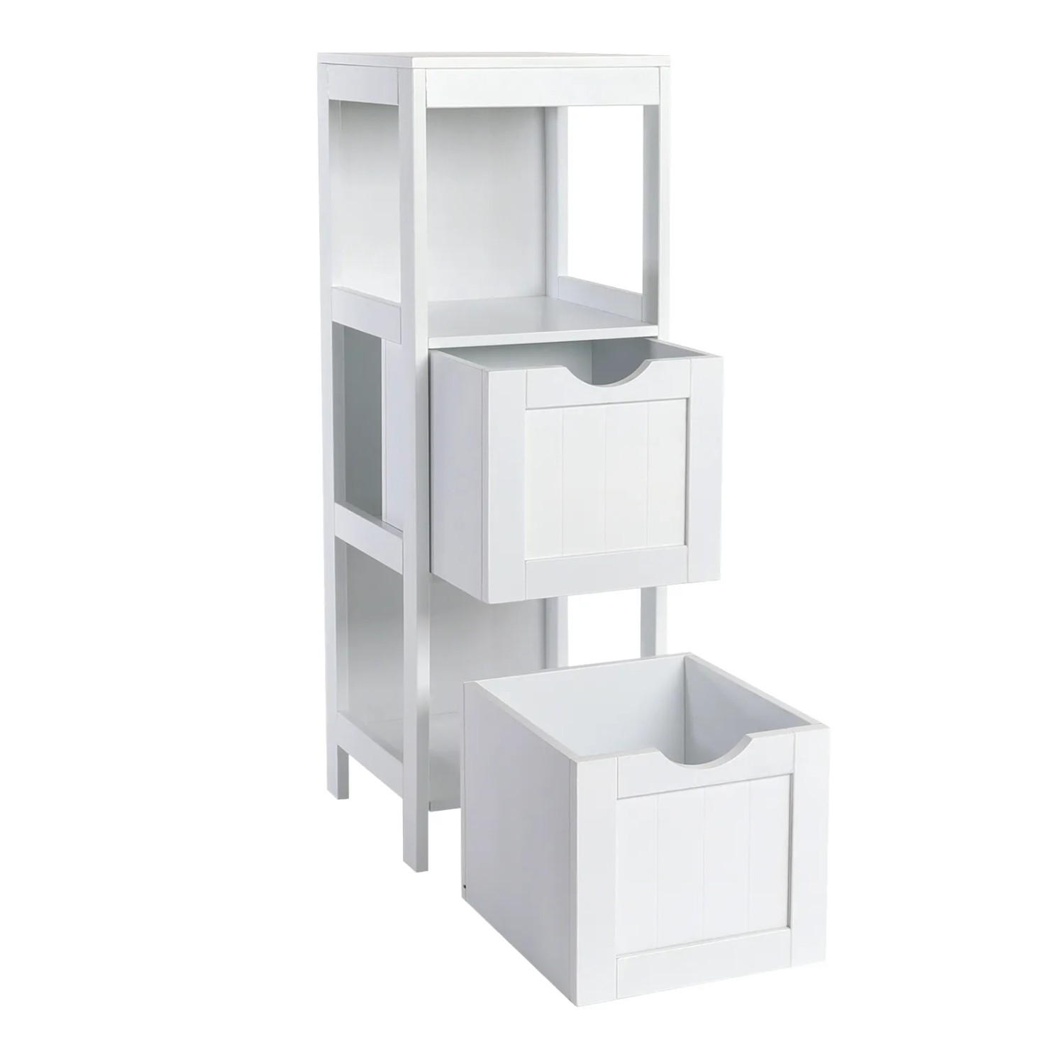 Svita Lintu Badregal, weißes Standregal mit Schubladen in Holzoptik für Badezimmer.