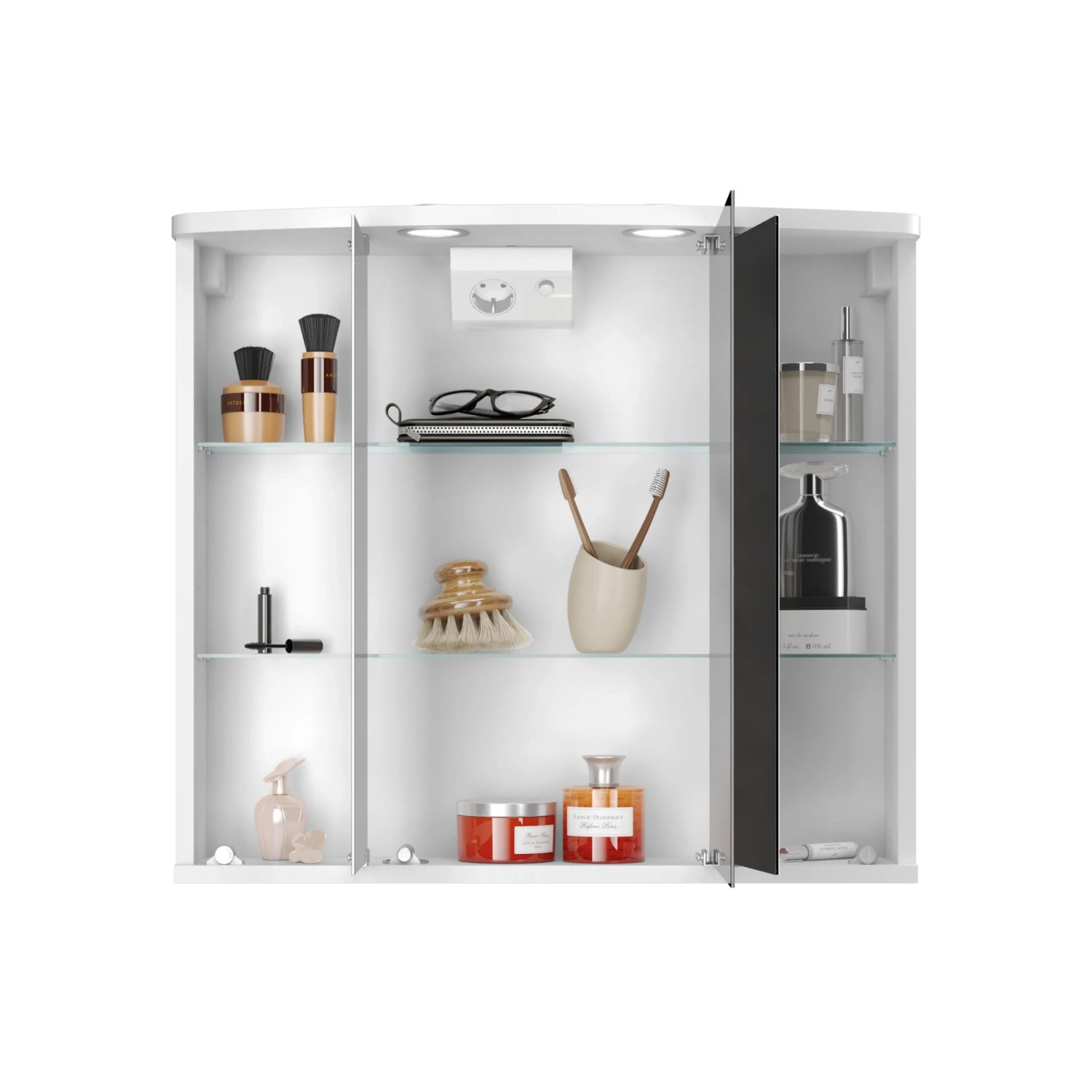 Weißer Jokey Spiegelschrank Doro 67 cm mit LED-Beleuchtung und Glasablagen.