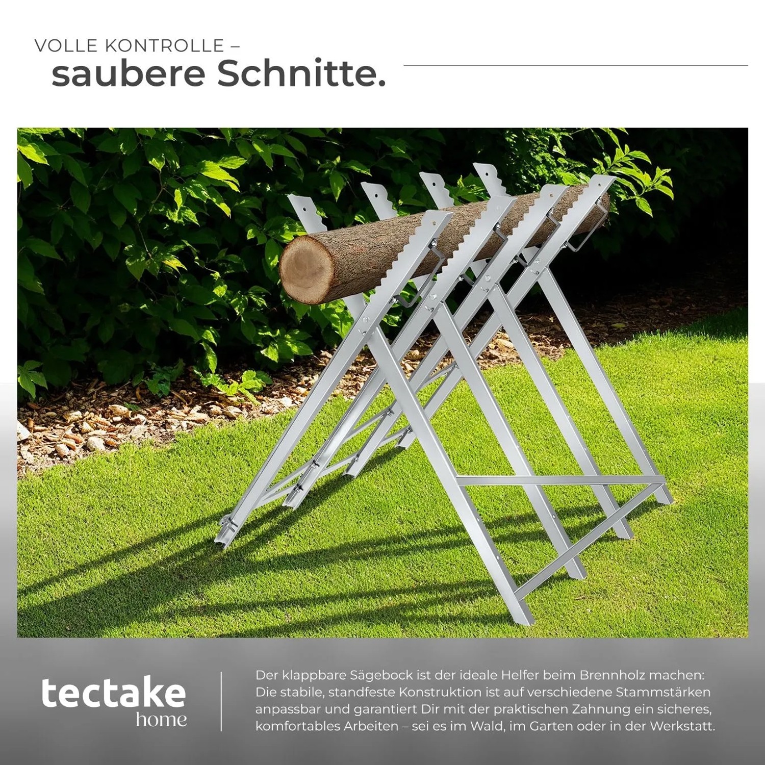 Tectake Holzsägebock aus Stahl, verzinkt, mit vier Stammhaltern und Zahnung. Grau, 84x80x80 cm.