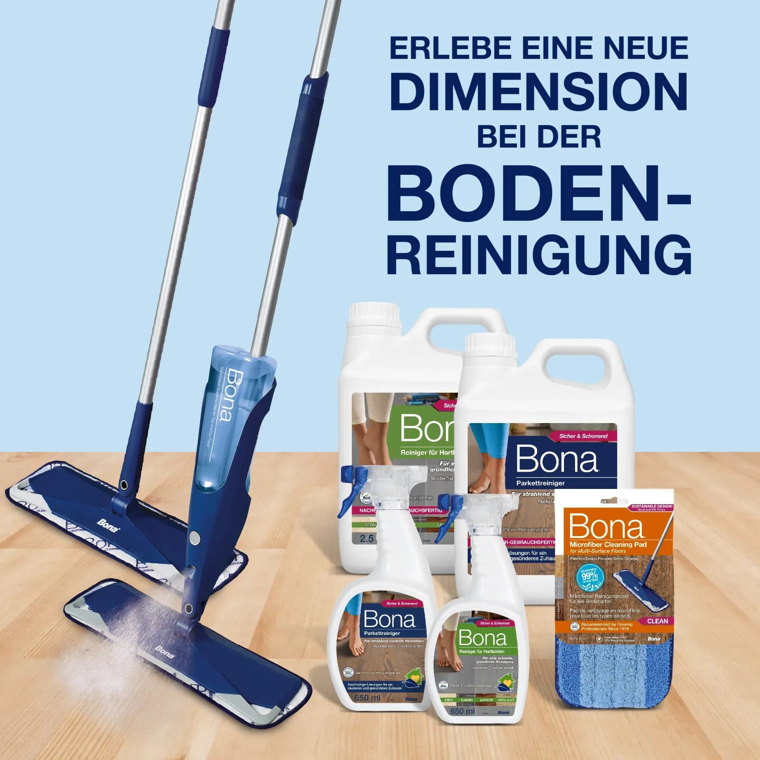 Bona Reinigungs-Set mit Mikrofaser-Pad und Reinigern für verschiedene Bodenarten.