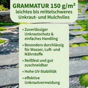 TTL GARDEN Unkrautvlies 150g/m² 1x50m 50m² Rolle Schwarz Extra Starkes Gartenvlies gegen Unkraut Mulchvlies Wasserdurchlässig & UV-stabil