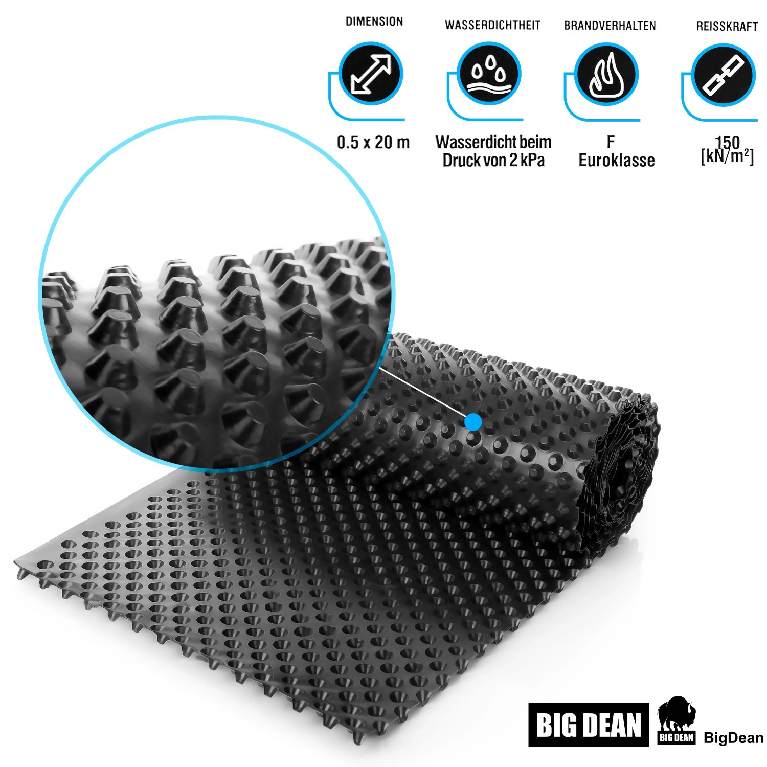 Gerollte BigDean Premium Noppenfolie, schwarz, 50cm x 20m. Reißfeste Noppenbahn für Nässeschutz an Hochbeeten & Mauern.