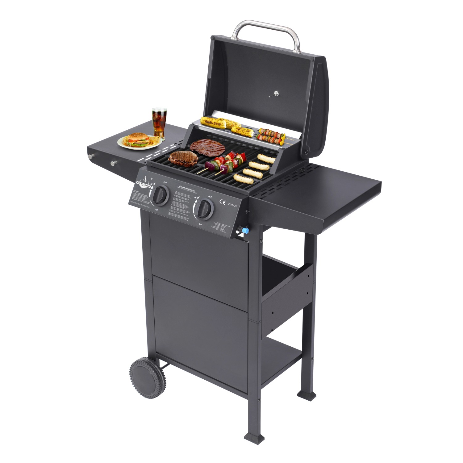 El Fuego San Jose Gasgrill mit 2 Brennern, Grillrost aus Gusseisen und Seitenablagen.