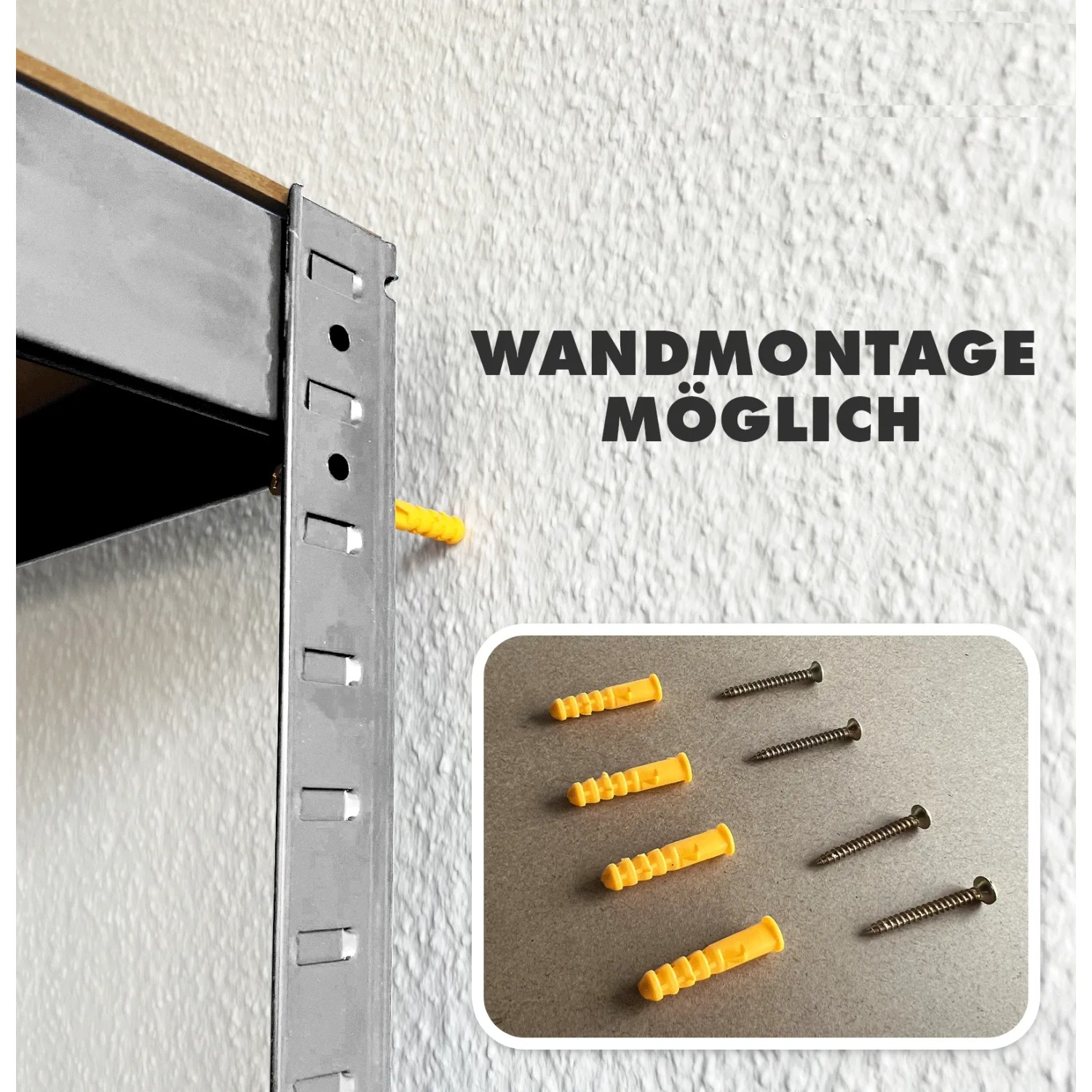 Detailaufnahme: Wandmontage des verzinkten KARAT Schwerlastregals mit Dübeln und Schrauben.