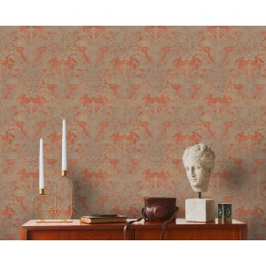 Orientalische Vliestapete mit Paisley Muster in Orange, Gold und Terracotta für Wohn- und Schlafzimmer.