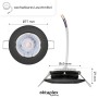 Oktaplex Sedan LED Einbauleuchte, 12er Set, schwarz, warmweiß, dimmbar. Deckenspot mit Maßangaben.