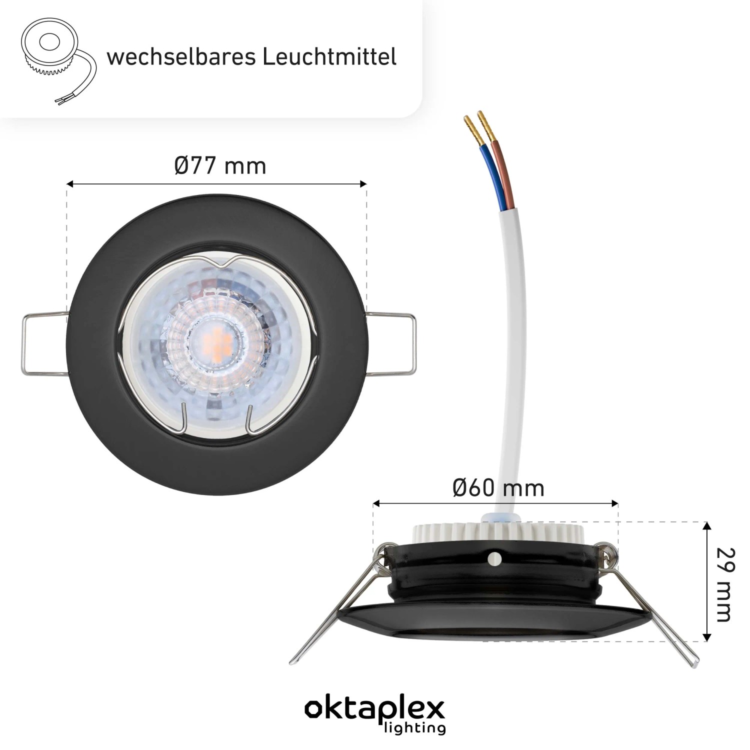 Oktaplex Sedan LED Einbauleuchte, 12er Set, schwarz, warmweiß, dimmbar. Deckenspot mit Maßangaben.