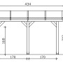 Technische Zeichnung der Skan Holz Terrassenüberdachung Andria 434x350 cm mit Maßangaben.