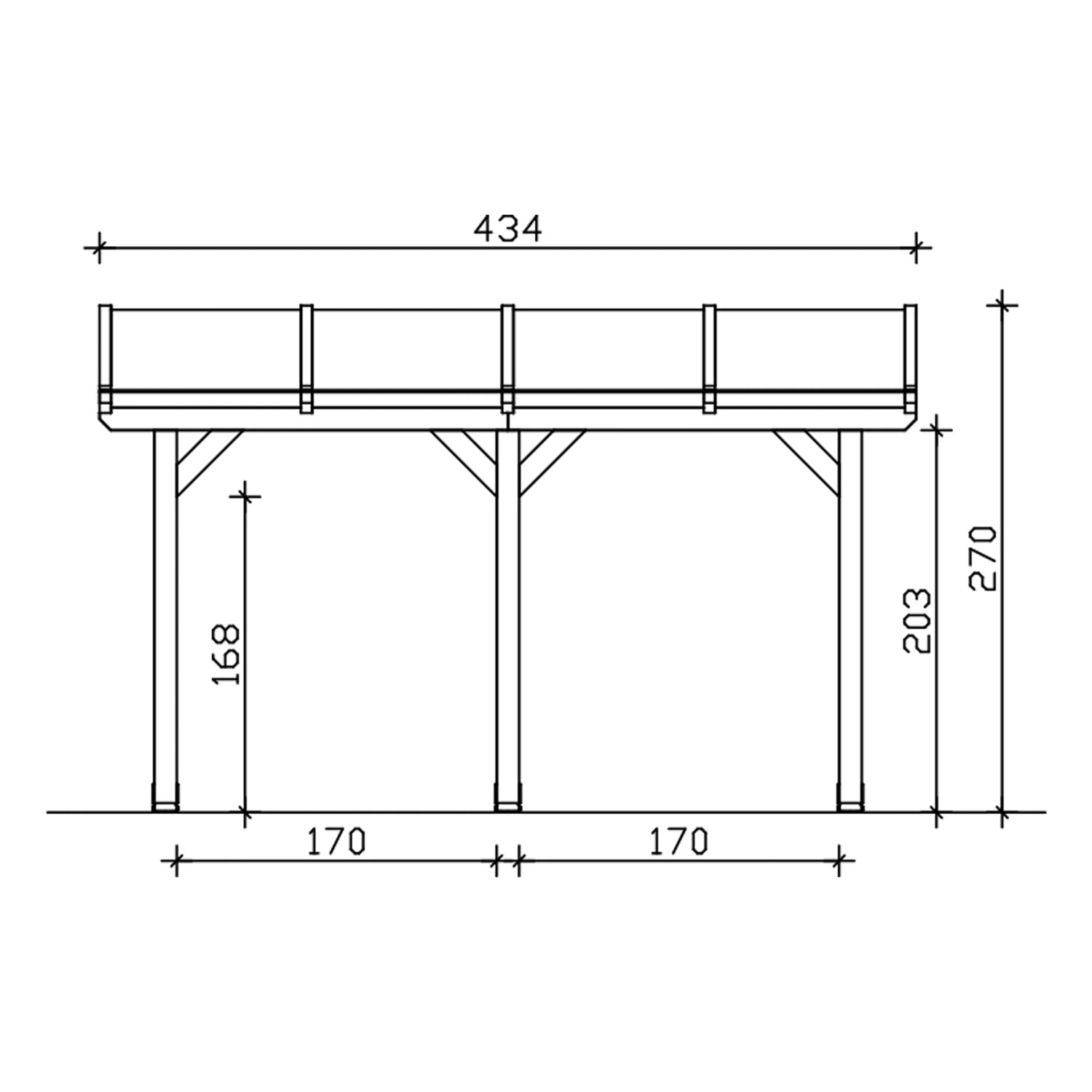 Technische Zeichnung der Skan Holz Terrassenüberdachung Andria 434x350 cm mit Maßangaben.