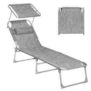 Graue Songmics Sonnenliege mit Kopfkissen und Sonnendach, klappbar für Garten und Terrasse.