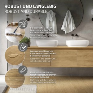 ML-Design Vinylboden Natur Eiche: Selbstklebende PVC-Dielen im Badezimmer mit Waschbecken.