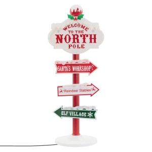 Leuchtender LED Weihnachtsdeko Wegweiser zum Nordpol, 95 cm hoch, mit Schildern zu Santa's Workshop und Elf Village.