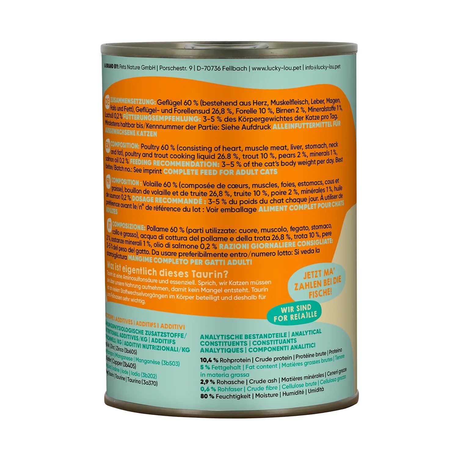 Lucky Lou Katzen-Nassfutter Adult Geflügel & Forelle, 400g Dose.