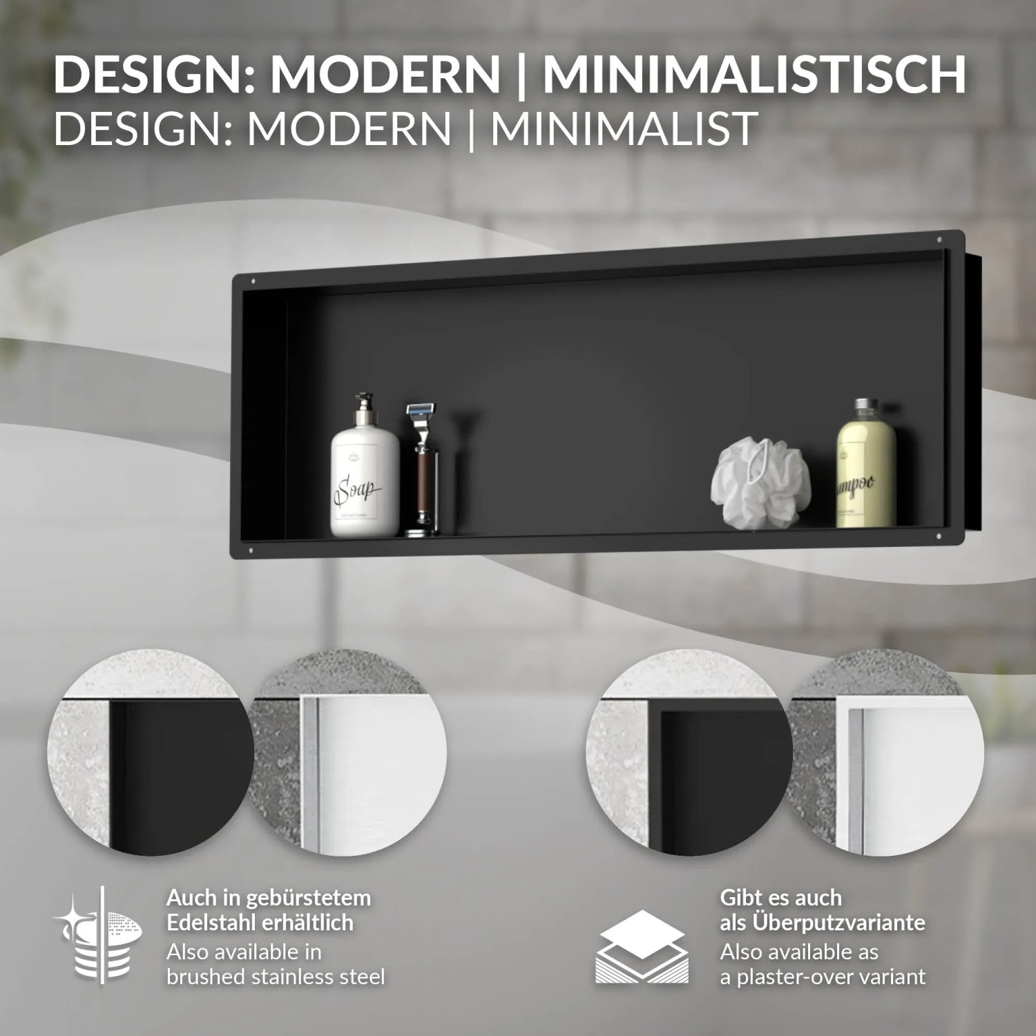 Schwarze LuxeBath Wandnische aus Edelstahl, 90x30x10 cm, für Dusche und Bad.
