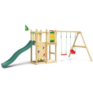 Jungle Gym Spielturm Ledge mit Rutsche, Doppelschaukel und Kletterwand aus Holz.