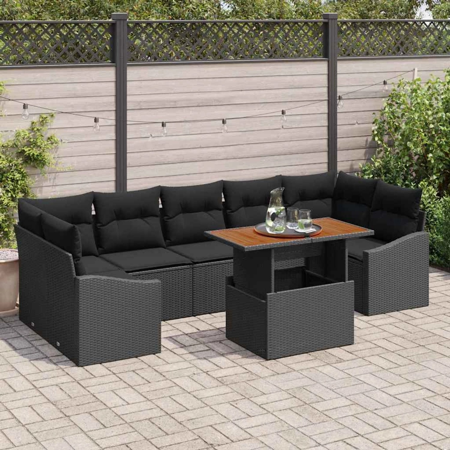 Schwarzes 8-teiliges Garten-Sofa-Set mit Kissen und Tisch mit Stauraum von vidaXL.
