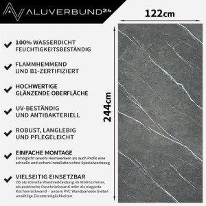 Aluverbund24 PVC Wandpaneel Nero-Black Marmoroptik, hochglänzend, 122x244cm. Küchenrückwand & Duschrückwand.