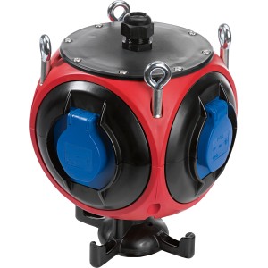 Roter Hängeverteiler Pegasus mit 4 Steckdosen und Aufhängeösen für Werkstatt & Baustelle.