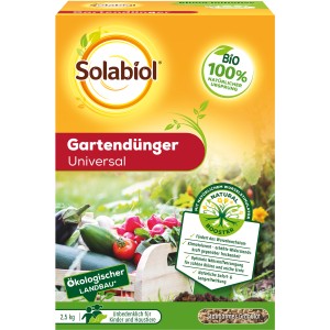 Packung Solabiol Gartendünger Universal 2.5kg für Gemüse und Gartenpflanzen.