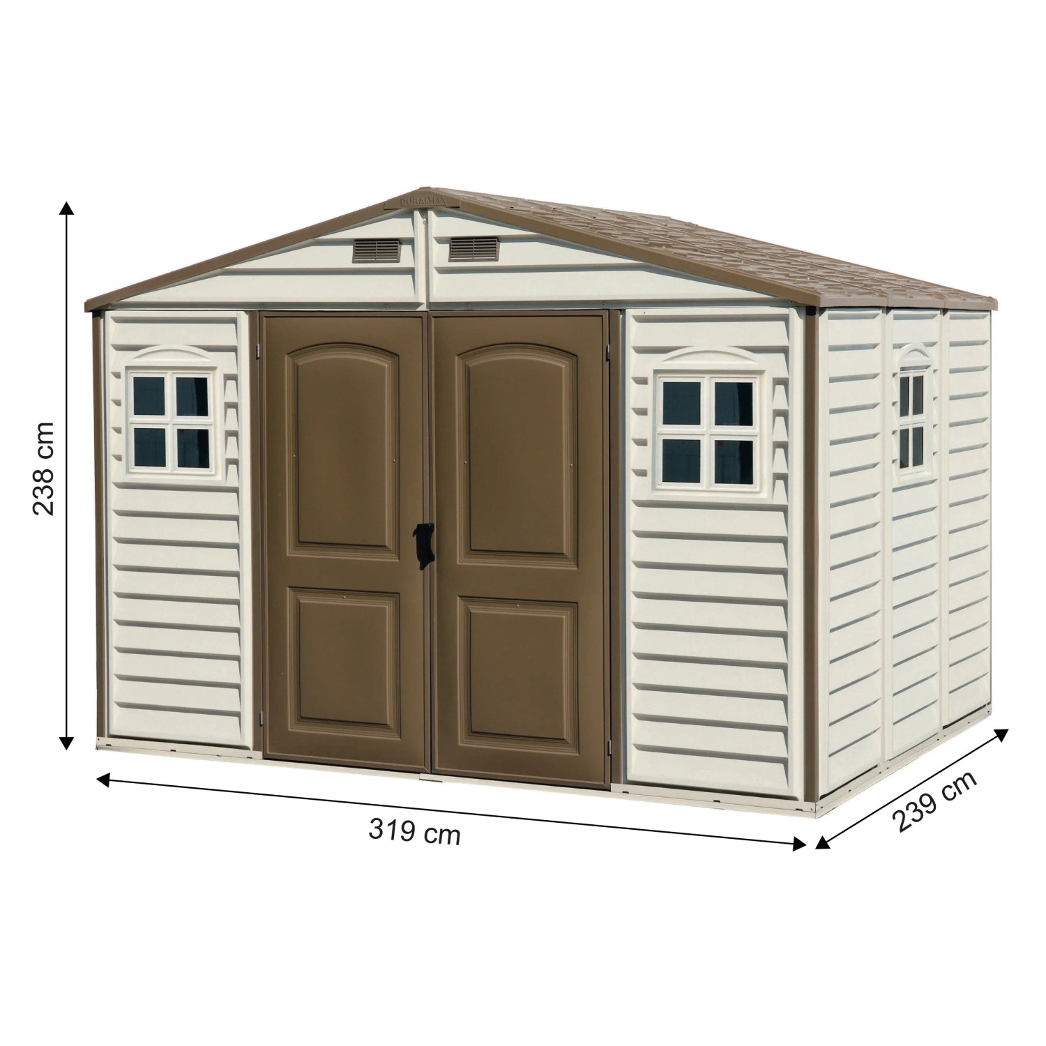 Duramax Kunststoff-Gartenhaus WoodSide Beige 7,6 m² mit Doppeltür und Fenstern.