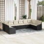Schwarzes 10-teiliges Garten-Sofa-Set aus Poly Rattan von vidaXL mit beigen Kissen.