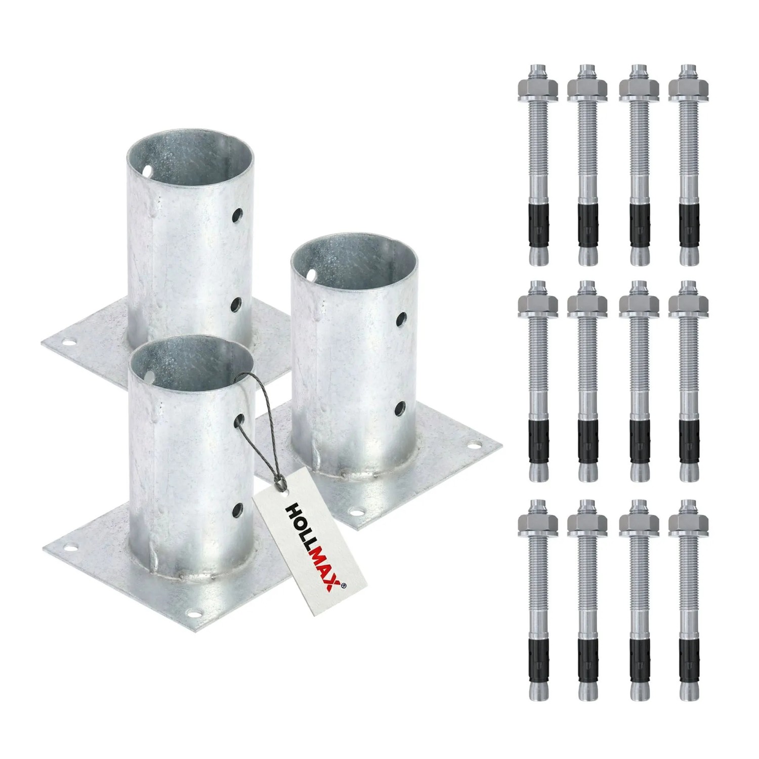 HOLLMAX 3 Stk. Aufschraubhülse/Pfostenträger 80 mm inkl. Schwerlastanker 10 x 100 mm Verzinkt Silber für Rundholzpfosten
