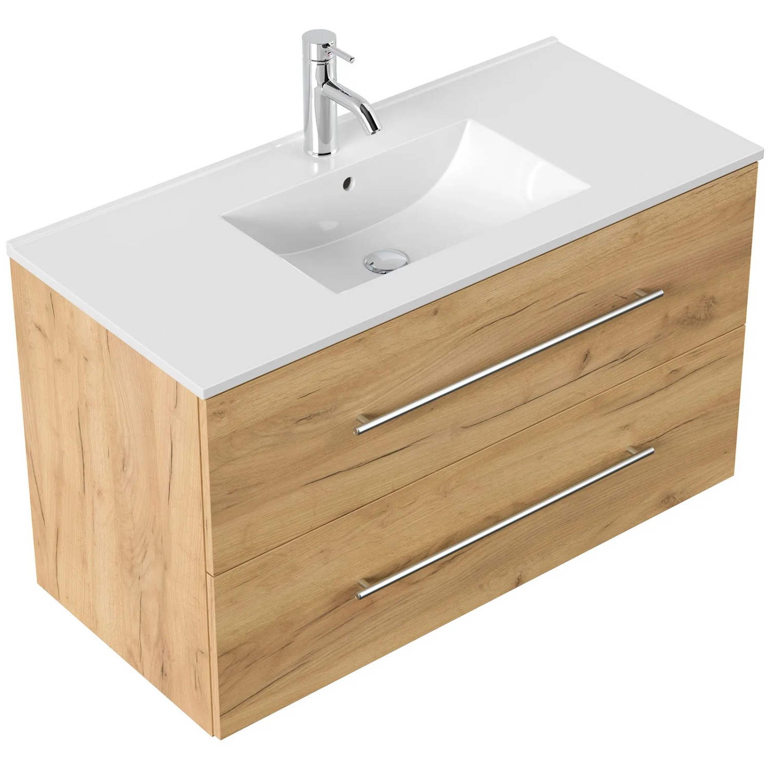 Posseik Badmöbel Homeline 100 Eiche Gold mit Waschbecken und zwei Schubladen.