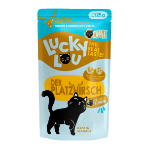 Lucky Lou Katzen-Nassfutter Adult Geflügel & Hirsch, 125g Packung.