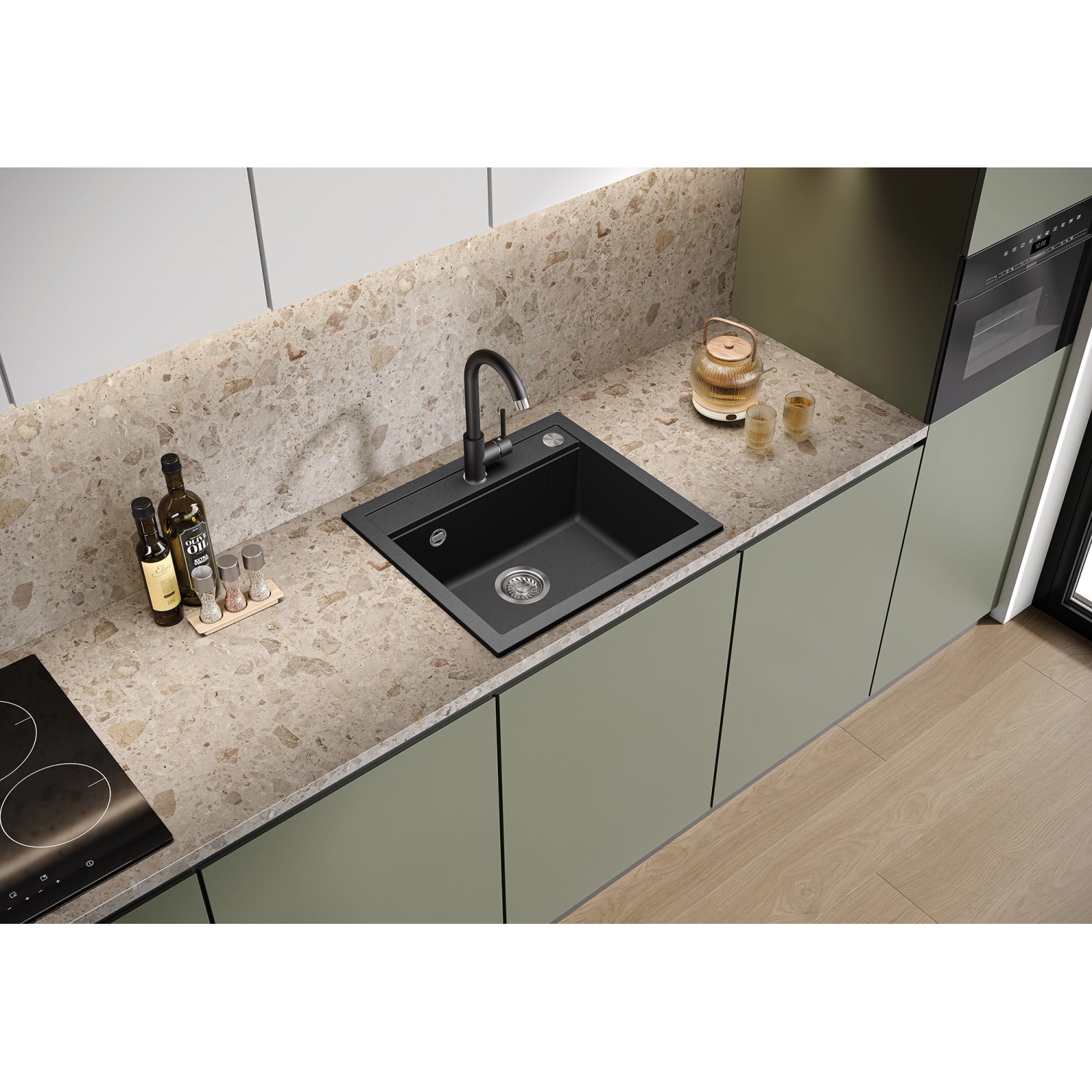 Helika Einbauspüle Quadro 56 cm x 51 cm Schwarz inkl. Druckknopfventil_7