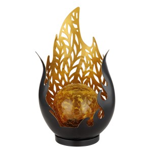 Schwarze Globo Solarleuchte aus Metall mit goldfarbenen Akzenten und bernsteinfarbener Glaskugel.