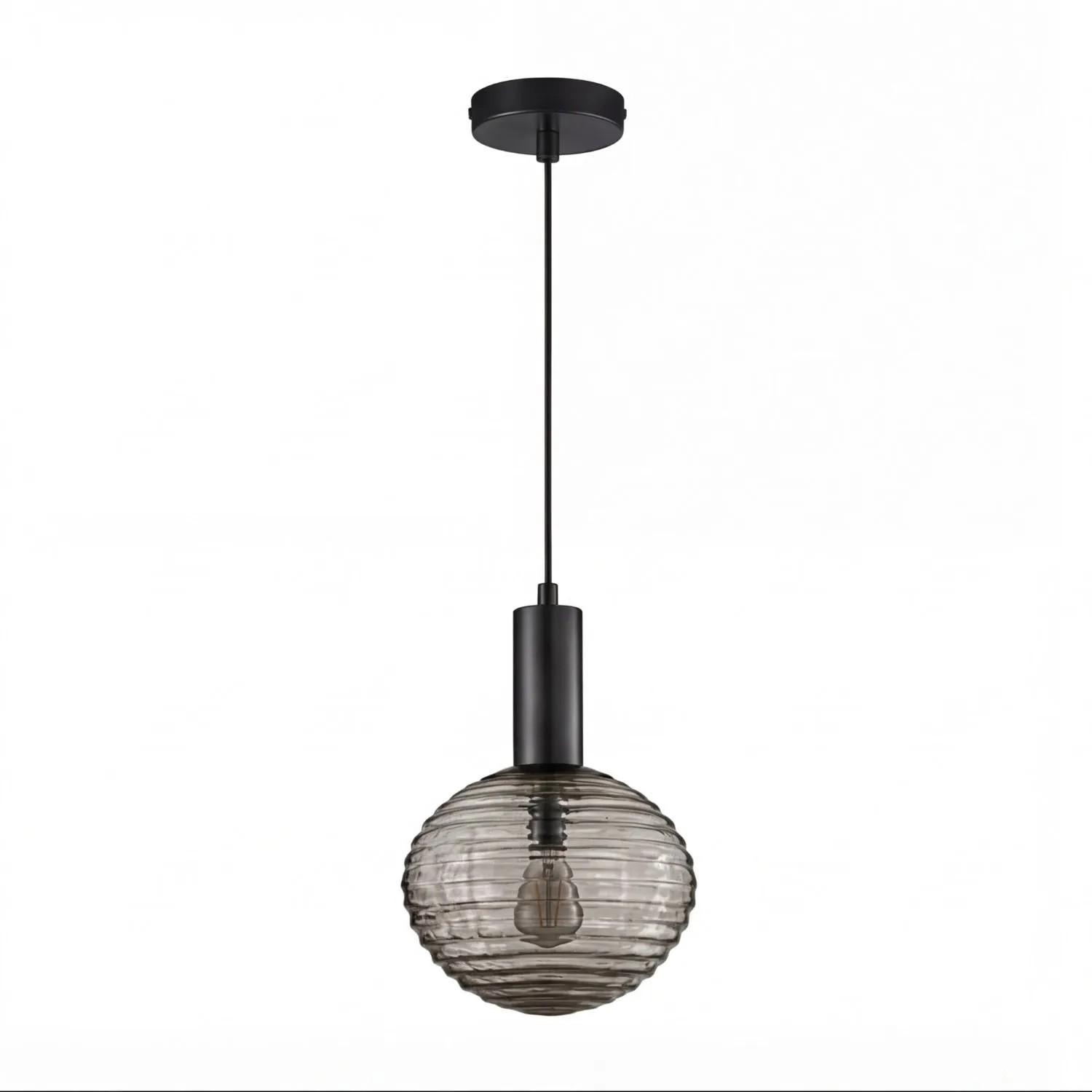 Licht-Erlebnisse Hängeleuchte Schwarz Rund DM 18 CM Höhenverstellbar Rauchglas Metall E27